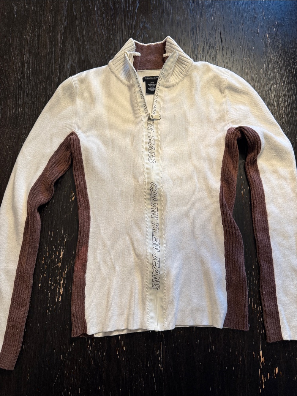 Calvin Klein Jeans Cream Zip Cardigan with Brown Contrast Sleeves 100% Cotton